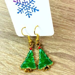 Gold tone green enamel Christmas tree earrings